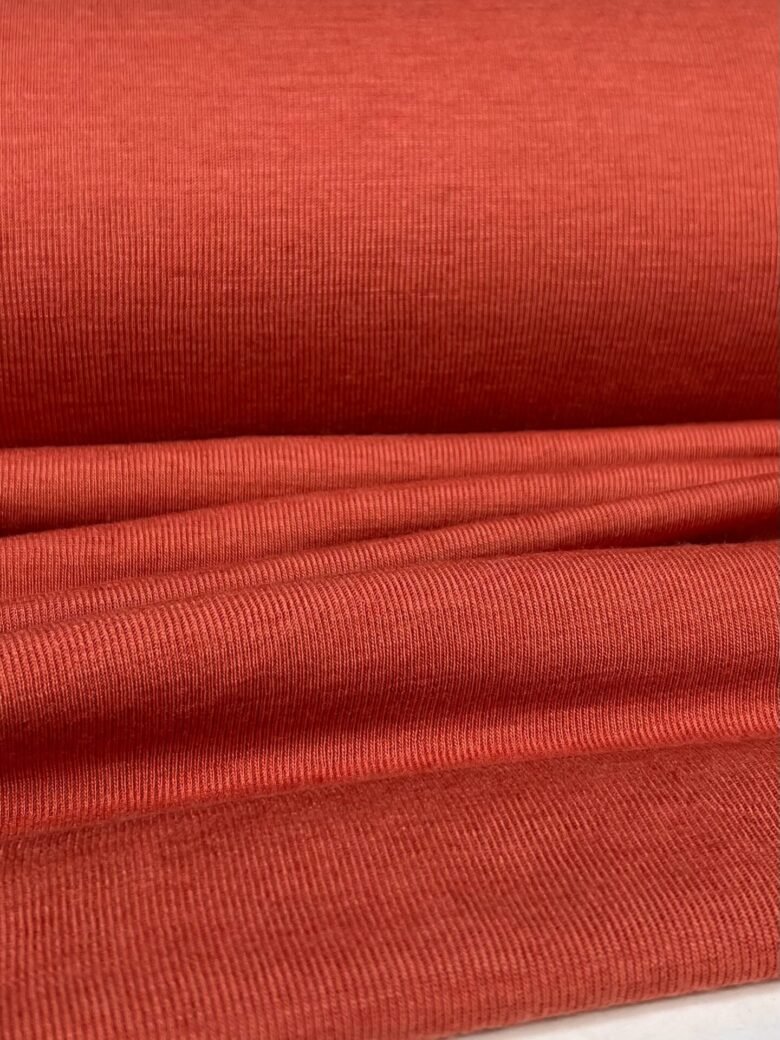 Merino vilnos ir natūralaus šilko elastingas trikotažas (rib tekstūros) „Terracotta“ spalvos 188
