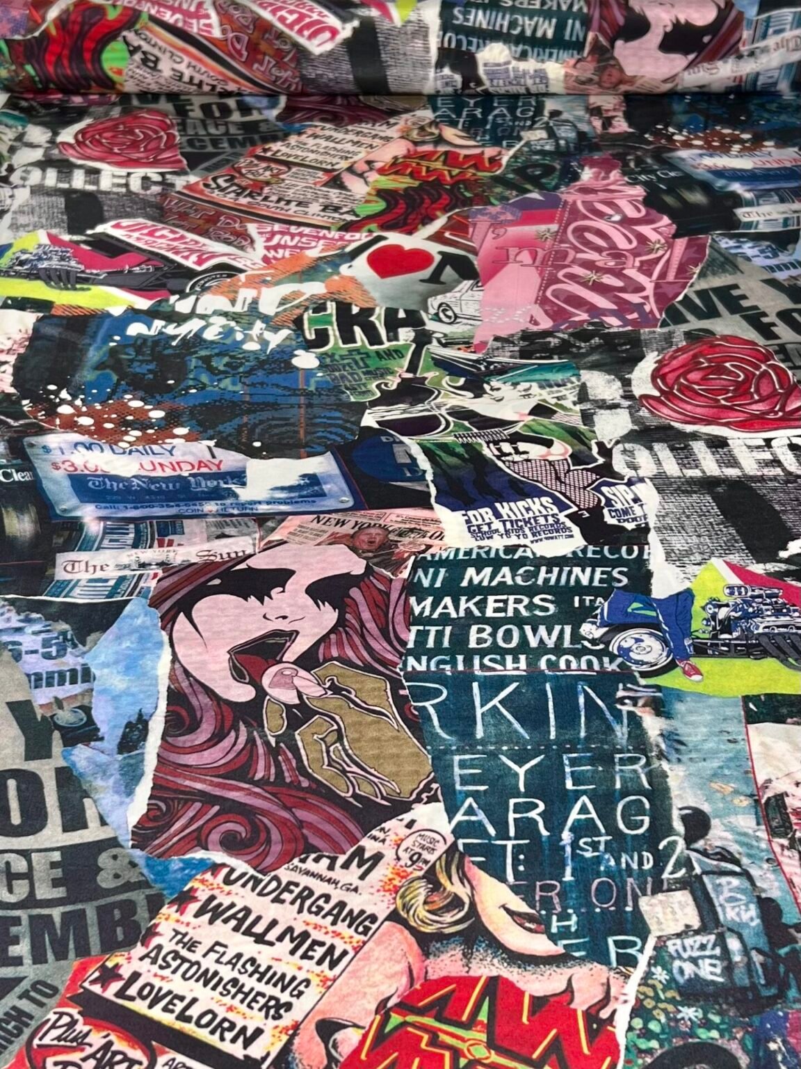 Itališkas kolekcinis satininis šilkas su unikaliu dizainu „Pop Art“